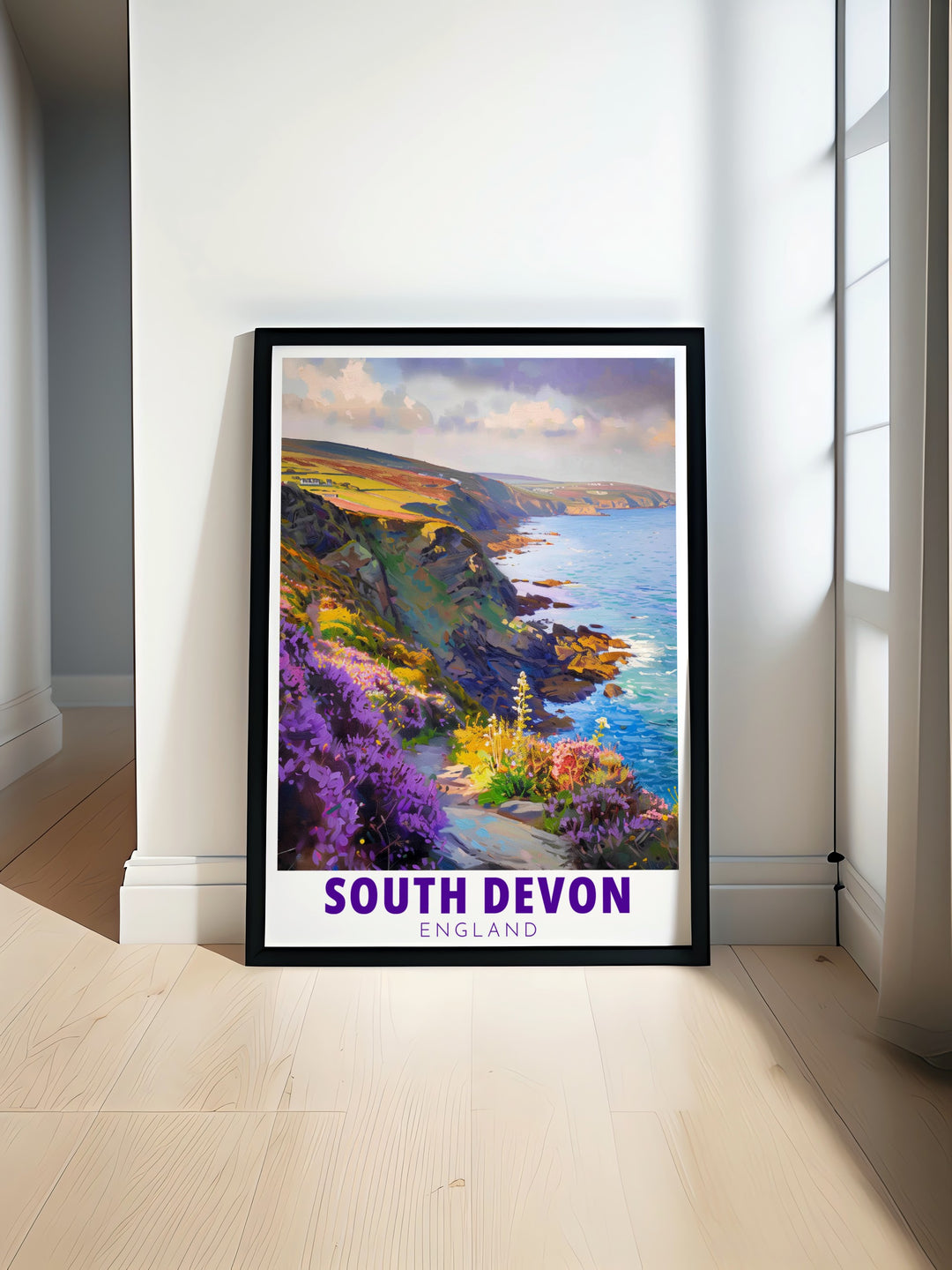 South Devon Coastal Path travel poster featuring the beautiful landscapes of the Area of Outstanding Natural Beauty perfect for enhancing home decor. Ideal as a thoughtful travel gift for nature lovers or anyone who appreciates stunning coastal views.