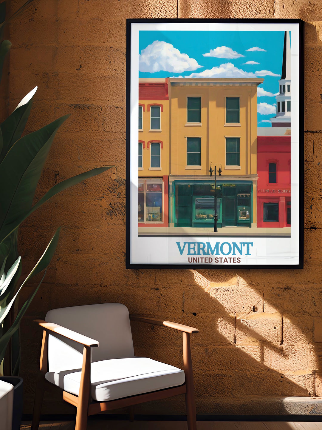 Vermont Poster Print featuring Church Street Marketplace and Stratton Vermont designed for home decor. This vintage travel print adds charm and elegance to any living room or office while celebrating the beauty of Vermonts ski resorts and cultural hotspots.