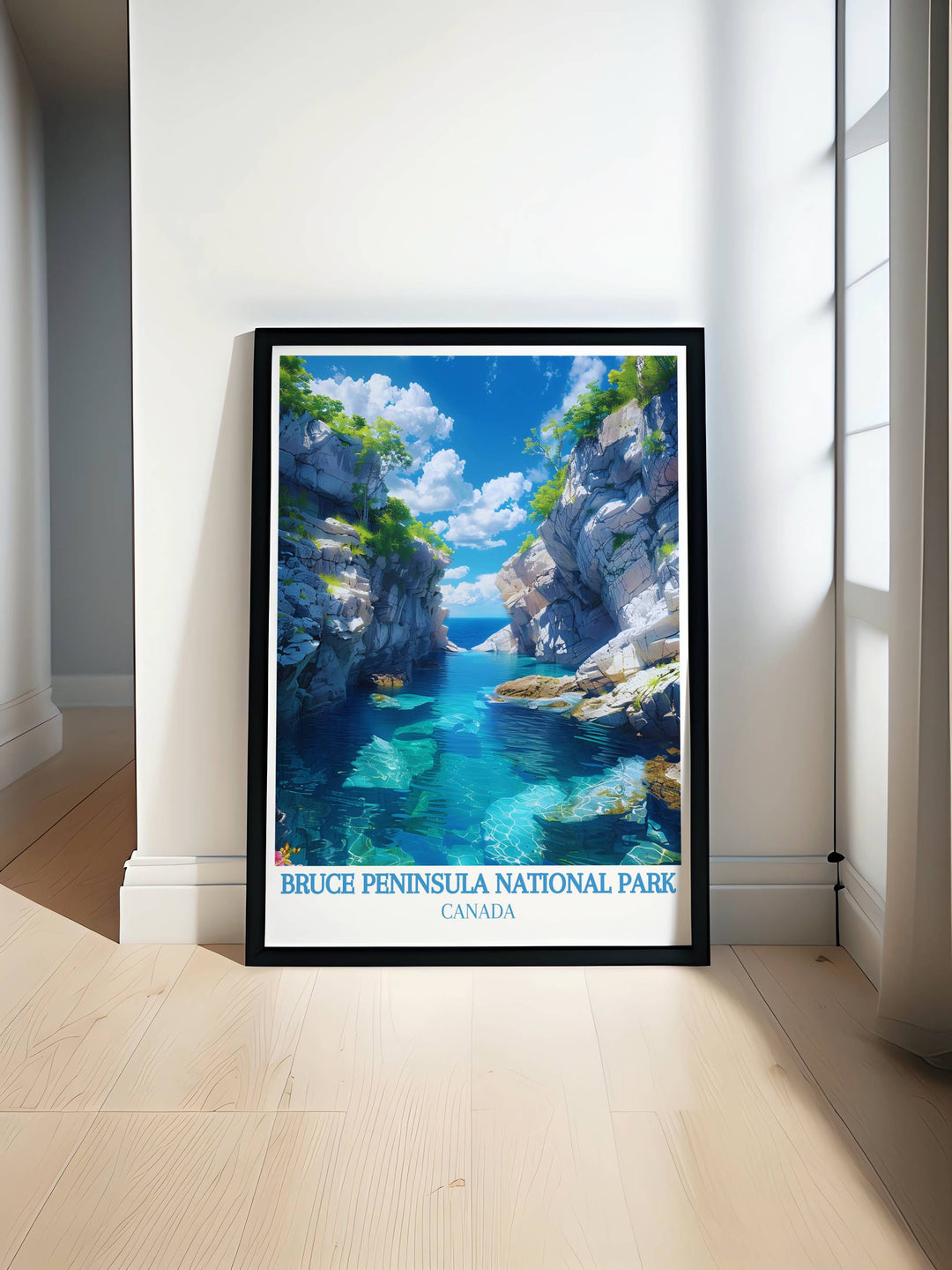 The Grotto Travel Print showcasing the stunning natural beauty of Bruce Peninsula National Park with its clear waters and majestic rock formations perfect for nature lovers and travel enthusiasts