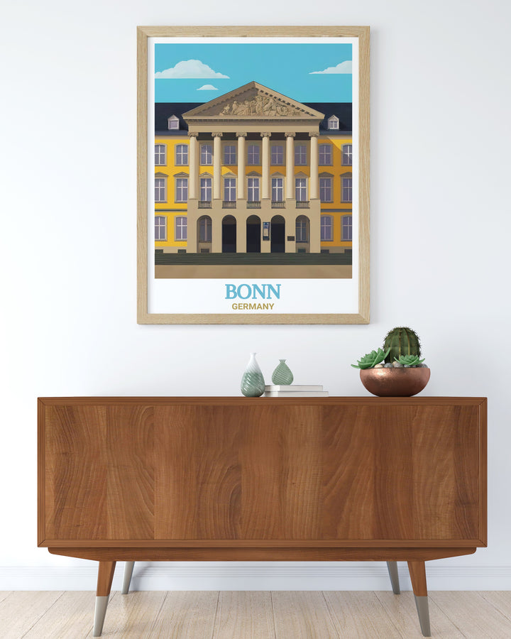 Germany wall art celebrates the timeless beauty of the University of Bonn, one of the countrys most iconic academic institutions. This travel print is perfect for adding a touch of German history and culture to your home or office decor.