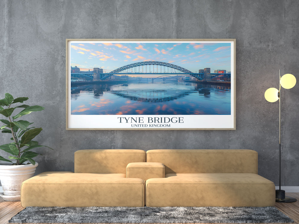 Retro Travel Poster of Tyne Bridge in Newcastle Upon Tyne featuring detailed artwork of the citys skyline. An ideal framed print for home decor or a thoughtful gift that brings the beauty of Newcastle and Gateshead into any living space