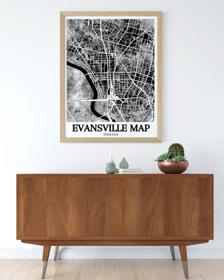 The Ohio River travel print captures the natural beauty that flows through Evansville, offering a detailed view of the river alongside the citys layout. This canvas art is perfect for nature lovers and Evansville enthusiasts, blending geography with art.