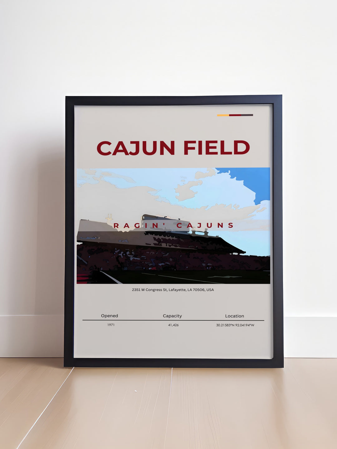 Retro Cajun Field poster showcasing Louisiana Ragin Cajuns football. This college dorm print adds energy to any room making it ideal for students alumni or sports fans looking for modern art with a nostalgic touch. Perfect for dorm rooms and living room decor.