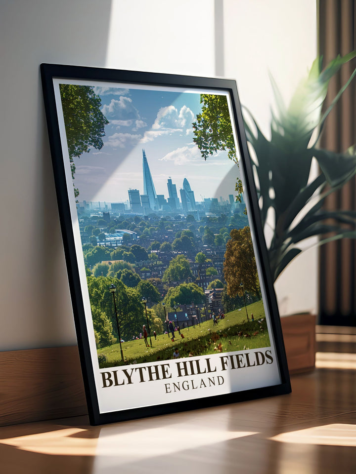 Blythe Hill Fields scenic vistas and the panoramic view of Londons skyline are illustrated in this travel poster, offering a perfect blend of urban beauty and natural tranquility.