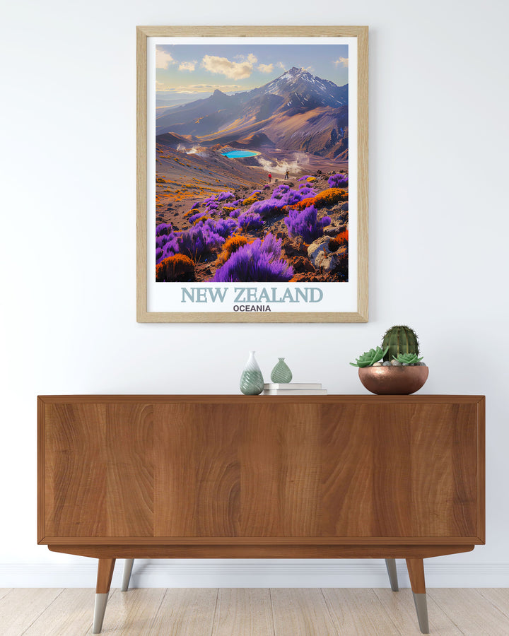 Tongariro National Park modern print paired with the calm elegance of Akaroa Lighthouse perfect for bringing New Zealands diverse landscapes into your home decor whether for a gallery wall or a unique gift for a travel enthusiast.