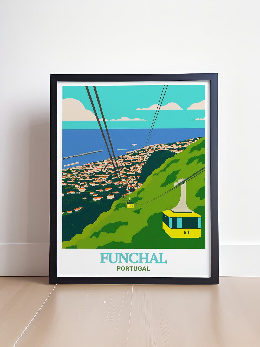 This Funchal travel poster showcases the iconic cable car with the stunning backdrop of Funchals cityscape and coastline. The artworks vibrant details and rich colors make it an excellent choice for anyone looking to add a touch of Portugal to their home decor.