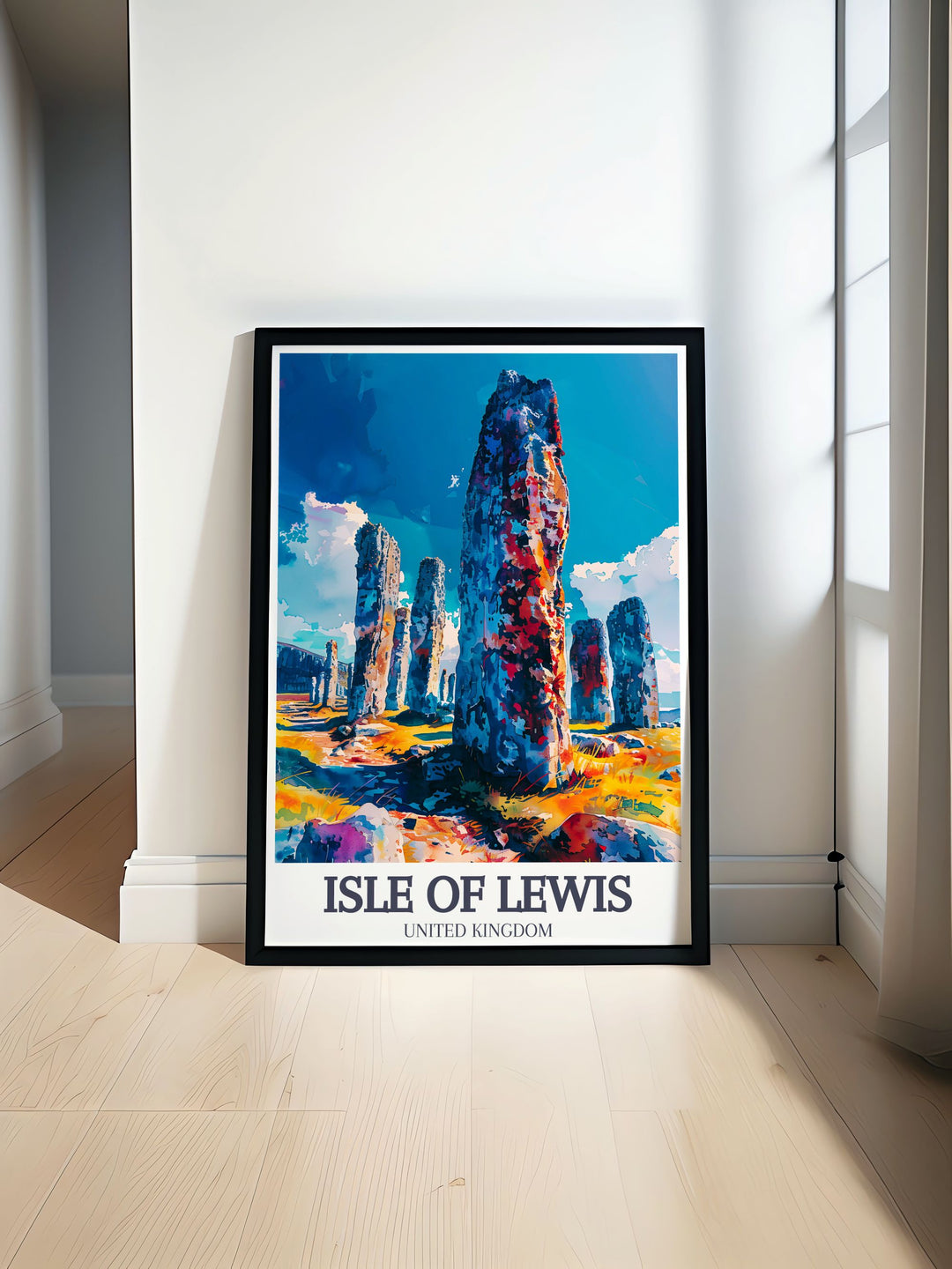 Isle of Lewis decor featuring iconic landmarks, perfect for thoughtful gifts or personal use. This travel print embodies the vibrancy of the Outer Hebrides, making it a cherished piece for art lovers and travelers alike.