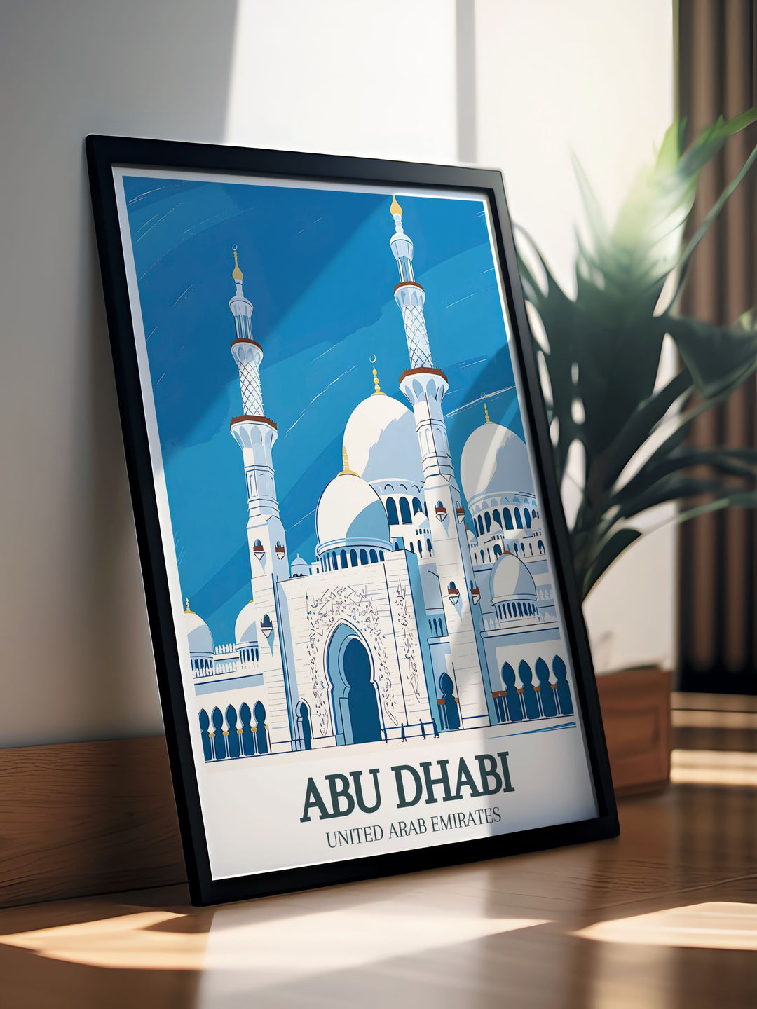 Striking poster featuring the Sheikh Zayed Grand Mosque, Al Rawdah in Abu Dhabi. This print captures the mosques grandeur and is ideal for adding a touch of elegance to your home decor. A wonderful gift for lovers of the United Emirates.