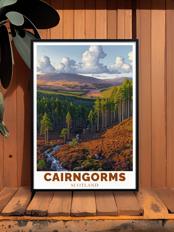 Stunning travel poster of Rothiemurchus Forest featuring abstract mountains and highland wilderness artwork that captures the tranquil yet rugged beauty of the Scottish Highlands making it an ideal addition to any room in your home