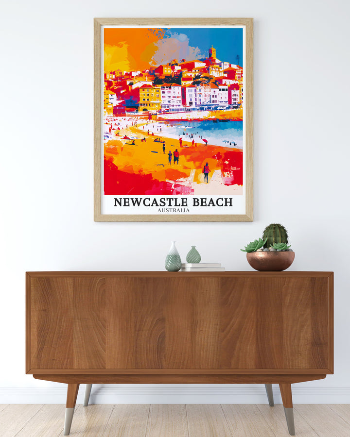 Newcastle Beach Poster showcases the tranquility and charm of one of Australias beloved beaches. The soft sands and clear waters are depicted in exquisite detail, making this artwork a perfect addition to any room. Whether for a living room or office, this piece adds a touch of coastal serenity to your decor.