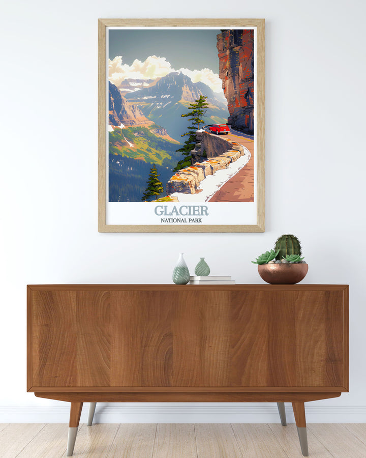 Celebrate the natural wonders of Glacier National Park with this Travel Print. Featuring Going to the Sun Road, this poster is perfect for adventurers who appreciate the grandeur of national parks and want to bring a touch of the outdoors into their space.