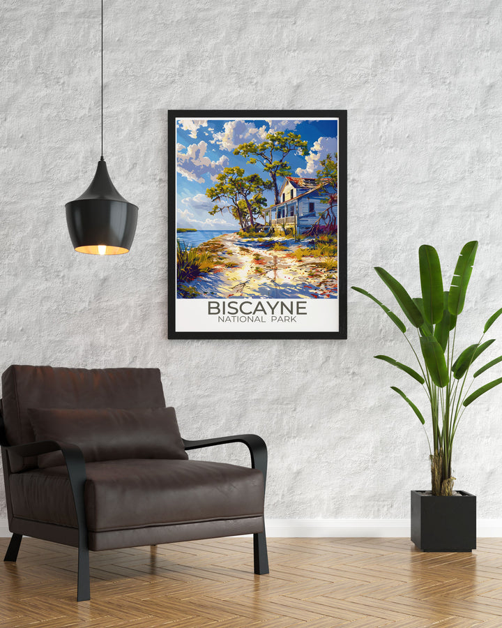 Stunning Biscayne National Park print highlighting the lush landscapes of The Maritime Heritage Trail and the colorful coral reefs, ideal for nature enthusiasts and history buffs.
