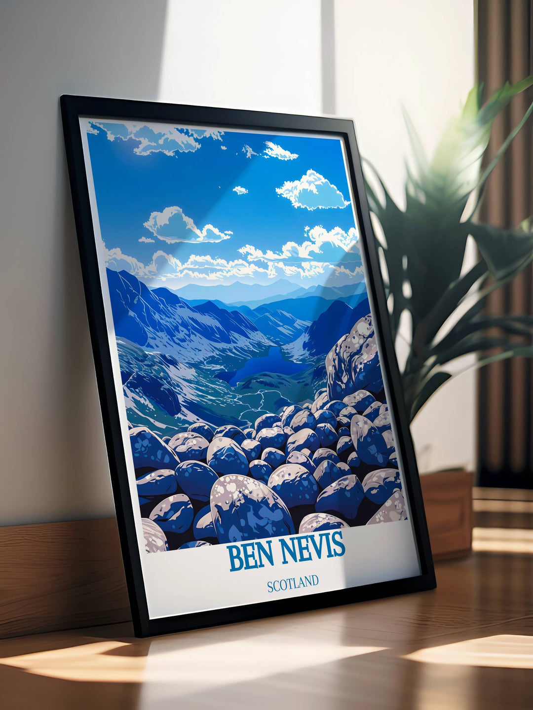Hikers reaching the summit of Ben Nevis captured in wall art, representing the achievement and adventure of mountain climbing