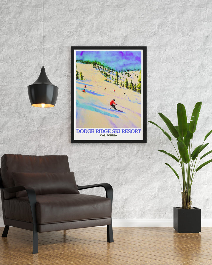 Dodge Ridge Ski Resort travel print featuring a picturesque winter landscape, capturing the beauty of the Sierra Nevada and the excitement of skiing and snowboarding at this renowned California destination. Perfect for home decor and winter sports enthusiasts.