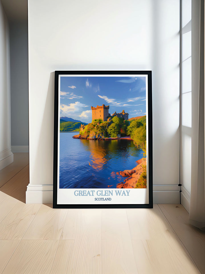 Featuring the legendary Urquhart Castle, this detailed travel poster showcases the castles ancient structure and picturesque location, perfect for those who appreciate Scotlands historical and natural wonders.
