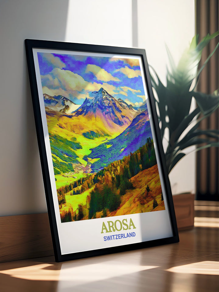 Switzerland Wall Decor bringing the beauty and tranquility of the Swiss Alps into your home, featuring landmarks like Arosa and the Arosa Weisshorn. The artwork is perfect for those who love the mountains and want to create a peaceful yet inspiring environment