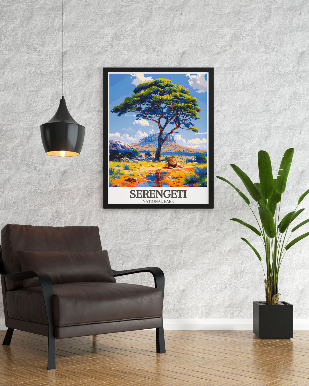 Stunning Tanzania poster with Acacia tree Wildlife savanna backdrop ideal for adding a touch of African elegance to your home decor