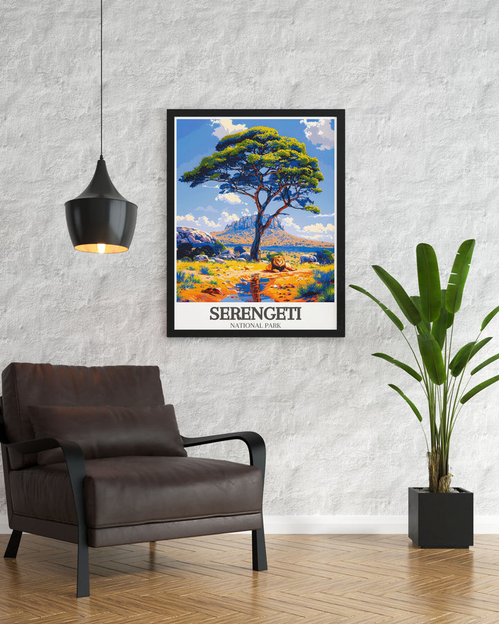 Stunning Tanzania poster with Acacia tree Wildlife savanna backdrop ideal for adding a touch of African elegance to your home decor