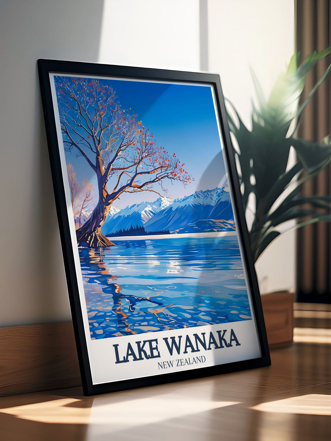 Elegant New Zealand wall art featuring the serene lake wanaka tree in Mount Aspiring National Park An ideal piece of artwork for any room creating a peaceful and inviting atmosphere