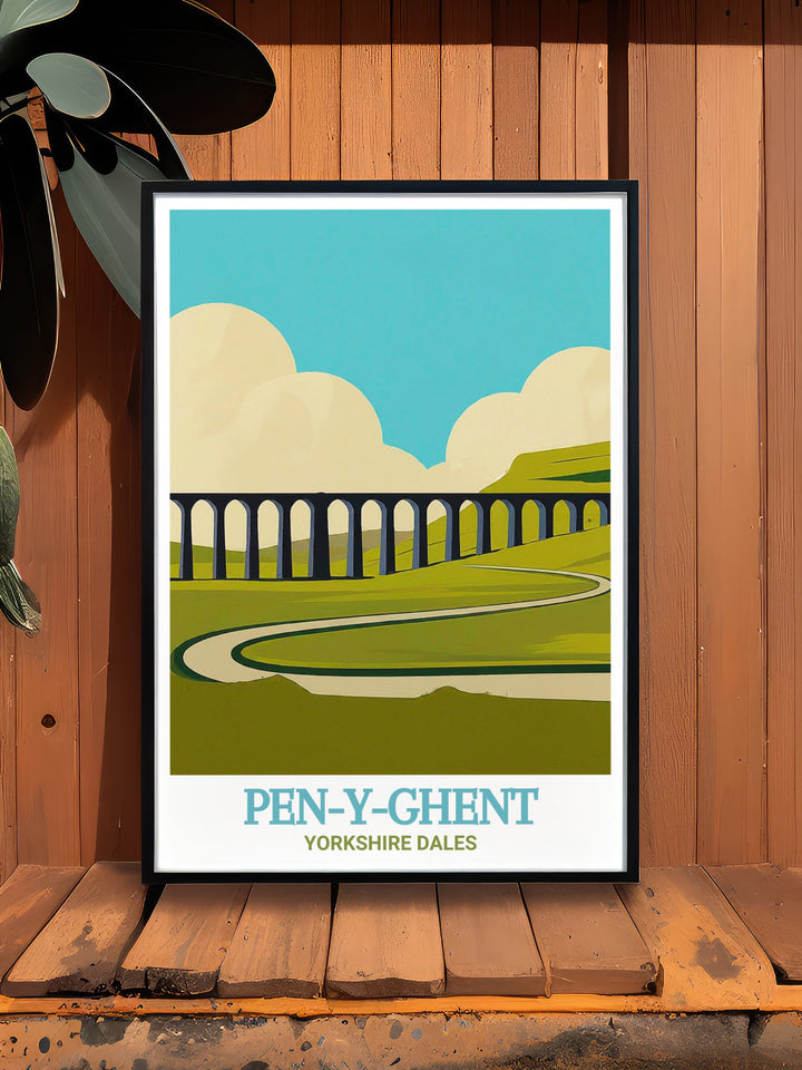 Yorkshire Dales travel poster showcasing the dramatic landscape of Pen Y Ghent and the architectural grandeur of Ribblehead Viaduct. This print brings the charm of Yorkshires natural beauty and historical significance into your space, perfect for decorating living rooms, offices, or bedrooms. An ideal gift for outdoor lovers.