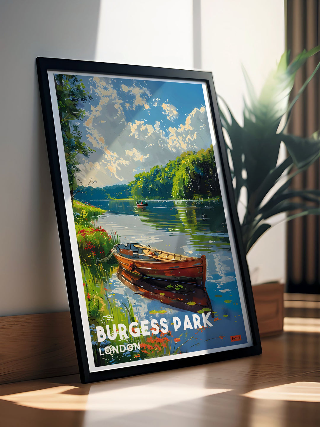 Travel poster of Burgess Park in South East London, showcasing the stunning lake and vibrant landscapes. This artwork highlights the parks serene ambiance, making it a perfect piece for those who love nature and city life.