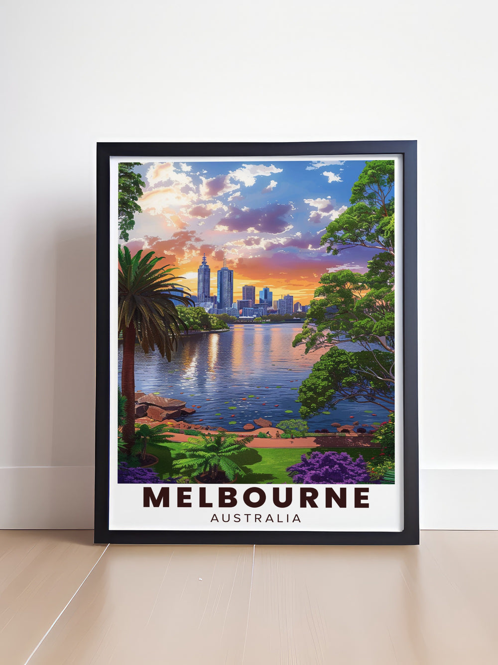 Featuring Melbournes Royal Botanic Gardens, this Melbourne Print is a celebration of both city life and nature. Ideal for any room, this framed artwork offers a unique perspective on one of Australias most beloved cities.