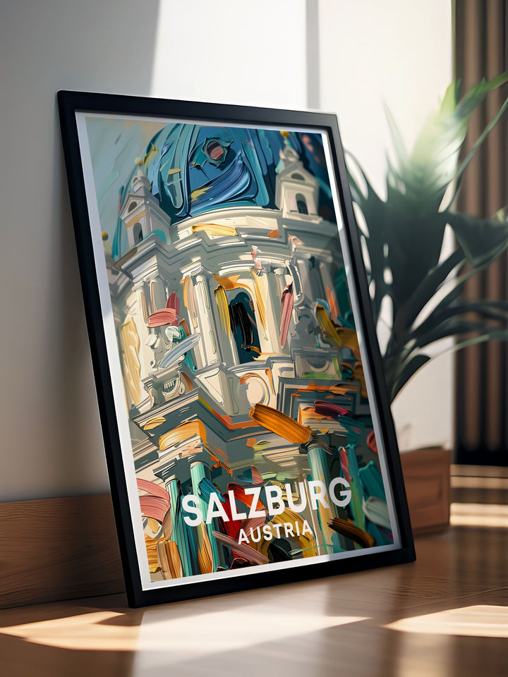 Stunning view of Salzburg cathedral with Zauchensee skiing. Add this vintage travel print to your home decor. Perfect for history buffs and fans of Austrian landmarks. The intricate details highlight the beauty of the Salzburg cathedral and the charm of skiing.