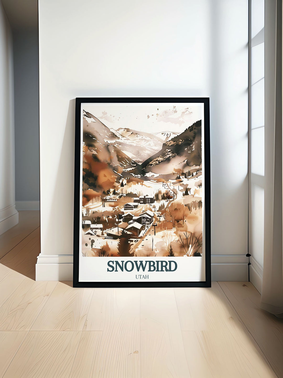 Hidden Peak and Cliff Lodge framed print showcasing a panoramic view of the majestic snowy slopes of Park City Utah. The detailed depiction highlights the rugged terrain and serene beauty of this famous ski destination.