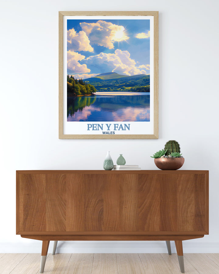 Pen y Fan Travel Poster highlighting the dramatic views of Wales iconic peak and the tranquil Pontsticill Reservoir. This framed art captures the untouched beauty of Brecon Beacons, perfect for those who admire the natural world.