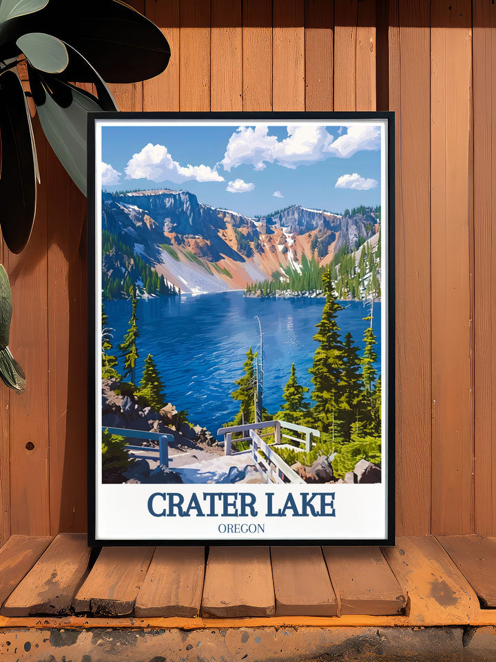 This Crater Lake travel print celebrates the natural wonders of Wizard Island and Cleetwood Cove, offering a stunning depiction of one of the United States most beautiful national parks. Perfect for home décor or gifting to outdoor enthusiasts.