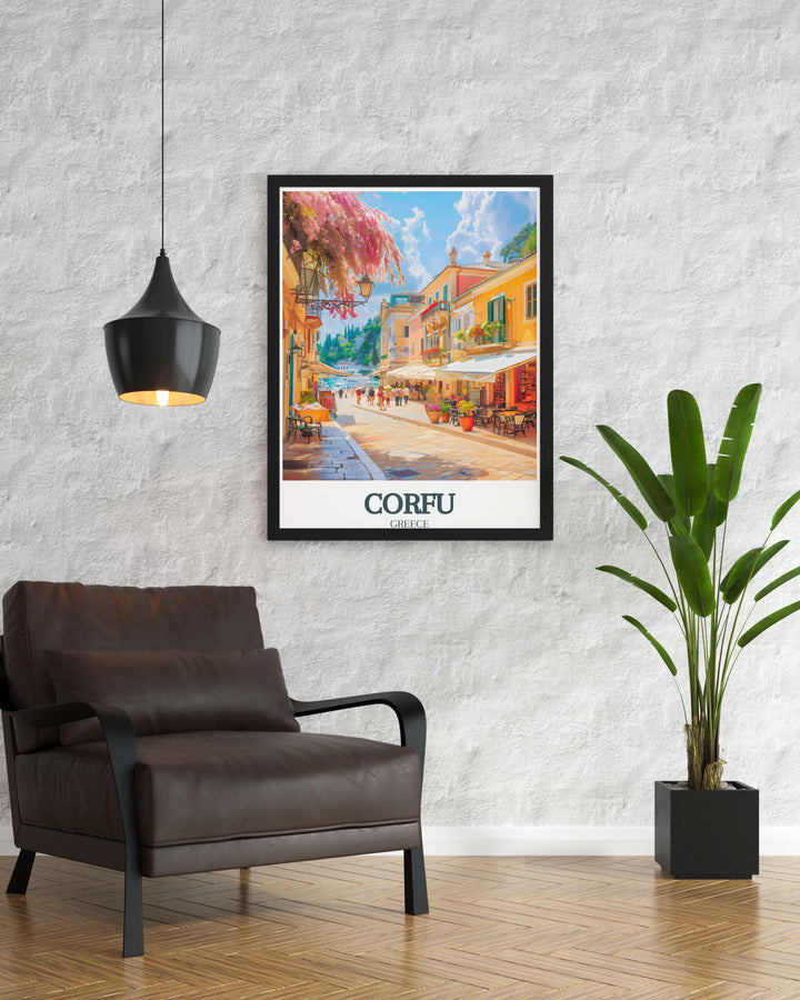 Old Town Corfu Liston Promenade artwork highlighting the historical significance and natural beauty of Corfu Greece Island a perfect addition to any art collection or home decor that seeks to capture the essence of Corfu Greek art and the tranquility of the Mediterranean
