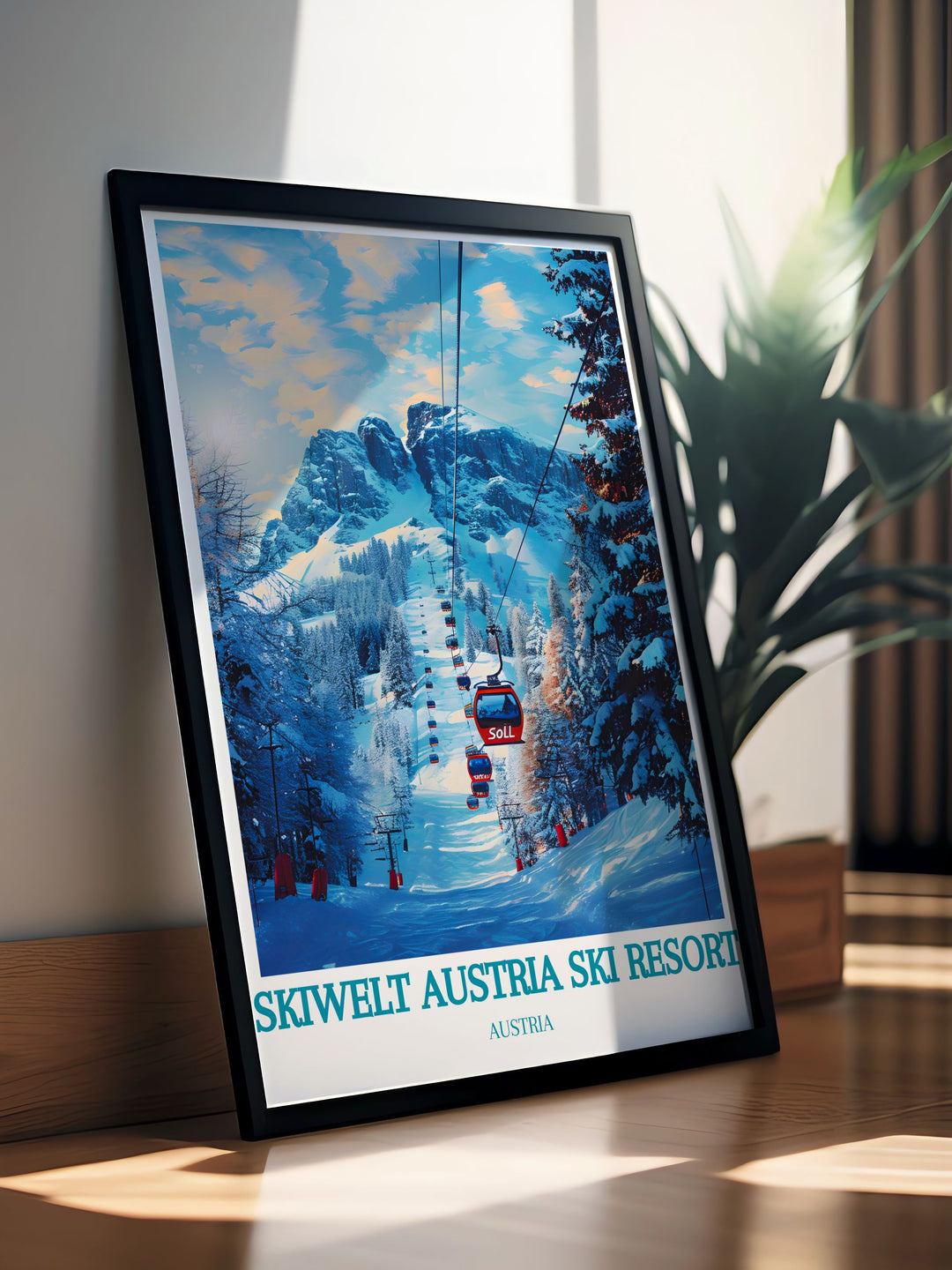 Transform your living room with Soll Stunning Living Room Décor featuring the SkiWelt Austria Ski Resort Travel Print. The vibrant colors and classic design of this skiing print make it a perfect centerpiece for adding alpine elegance to any room in your home.