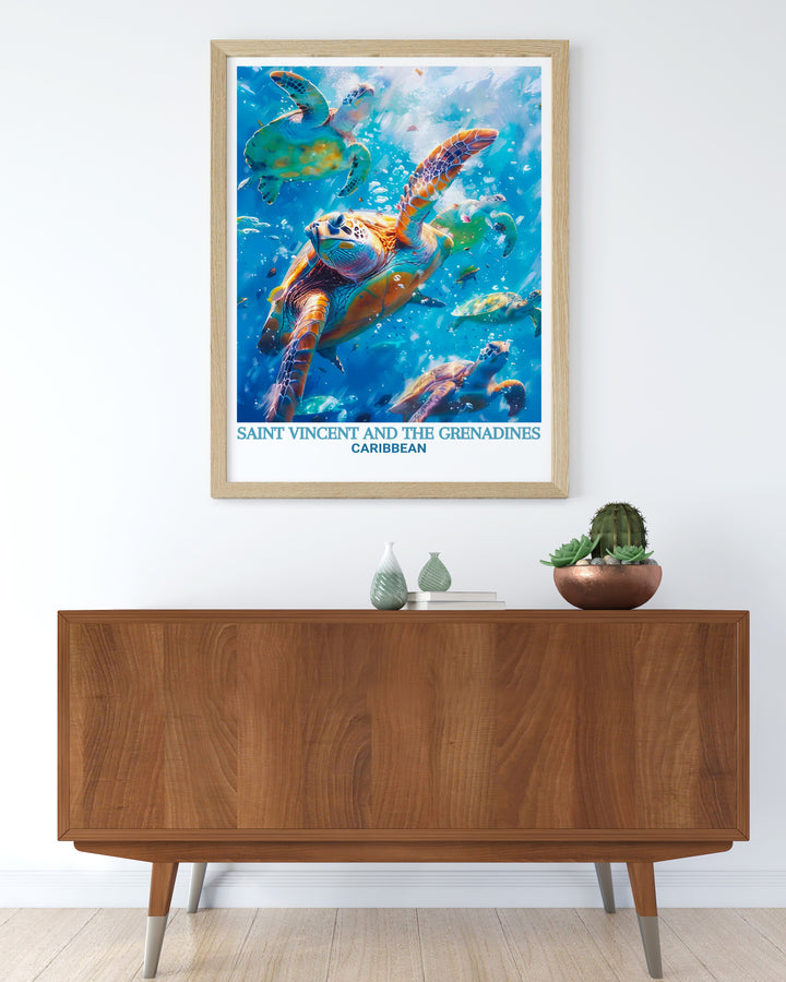 Vintage inspired poster of Saint Vincent and the Grenadines, featuring the picturesque Tobago Cays Marine Park. This print brings a nostalgic Caribbean charm to your decor, perfect for those who love island life.