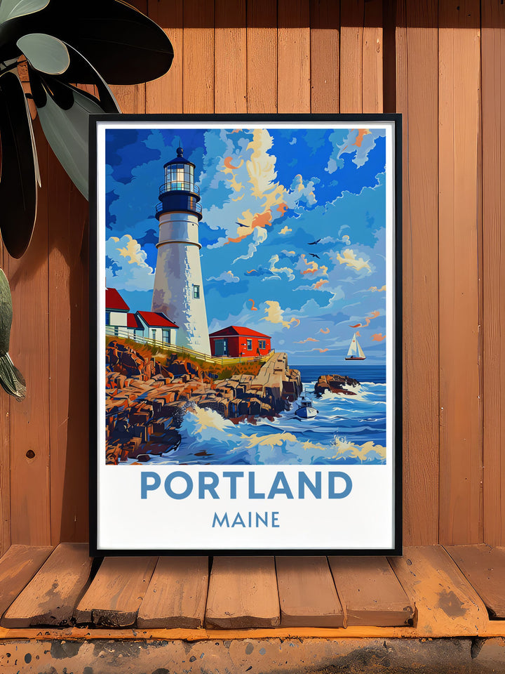 Portland Head Light, one of the most photographed lighthouses in the U.S., is highlighted in this poster. Its classic white tower and red roofed keepers house are captured beautifully.