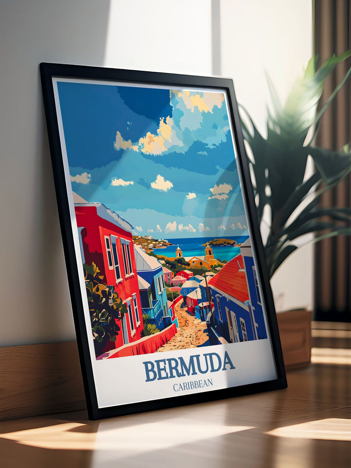 Majestic Bermuda travel poster capturing the grandeur of the Royal Naval Dockyard and the elegance of Clocktower Mall. Perfect for enhancing your home or office with Bermudas historical beauty.