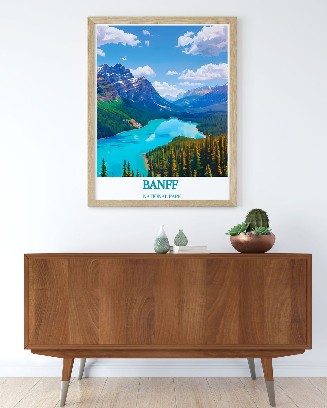 Peyto Lake wall decor displaying where the vivid blue waters meet lush green forests, offering a breathtaking view of one of Albertas most beautiful natural scenes, ideal for adding a touch of Canadas pristine beauty to any room.