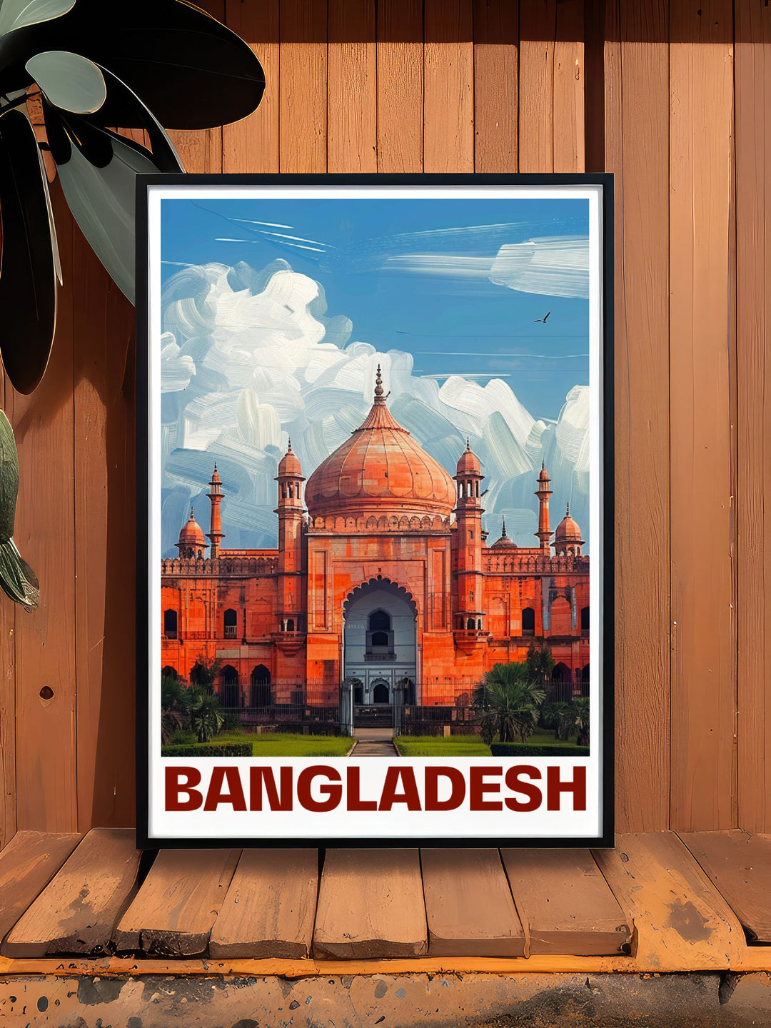 This vibrant travel poster showcases the architectural splendor of Lalbagh Fort, highlighting its beautiful gardens and historical structures, perfect for adding a touch of Bangladeshs heritage to your walls.