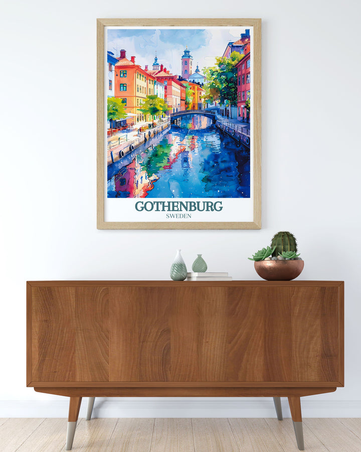 This detailed art print highlights the tranquil beauty of Gothenburgs canals, showcasing the citys serene waterways and lush surroundings. Ideal for nature lovers and urban explorers, this poster brings the peaceful ambiance of Gothenburg into your living space.
