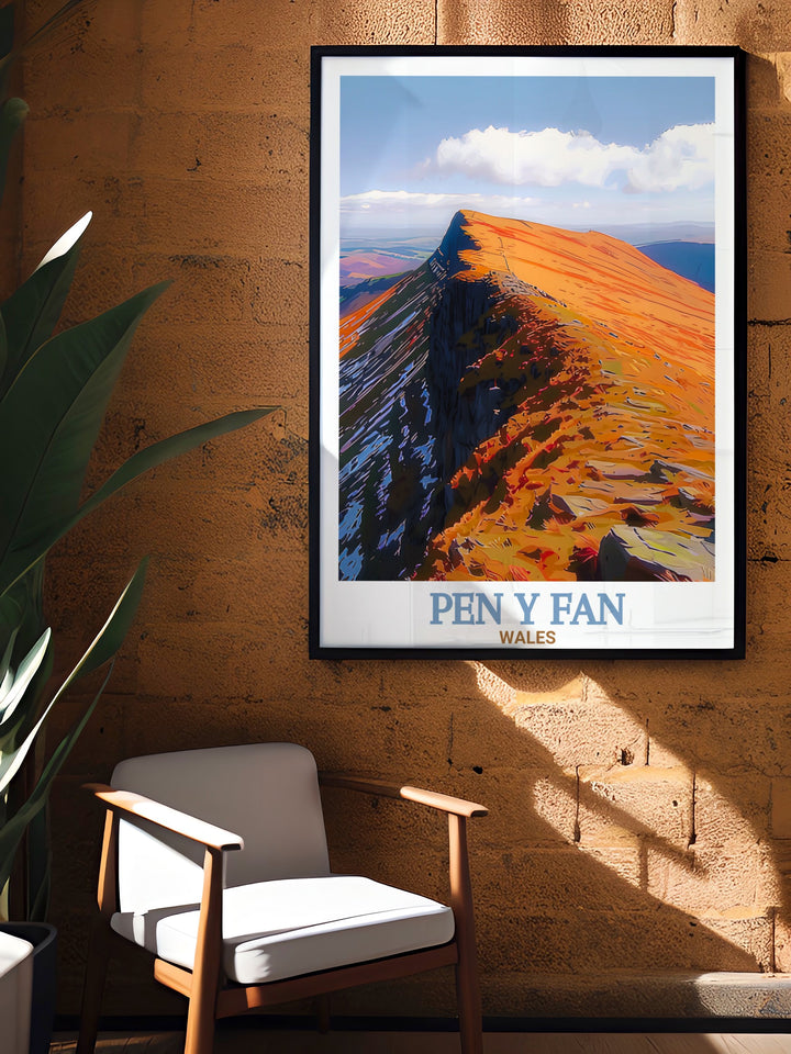 Pen y Fan Travel Poster highlighting the towering summit of Pen y Fan and the rolling hills below. This wall print captures the serene beauty of Brecon Beacons National Park, making it a stunning addition to any home or office.