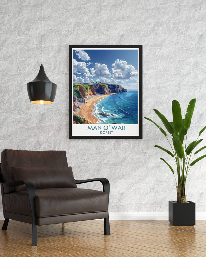 Durdle Door Arch and Man o War Beach vintage travel print highlighting the beauty of the Jurassic Coast in Dorset perfect for wall art and home decor bringing the stunning scenery of these iconic landmarks into your home ideal for gifts and collectors.