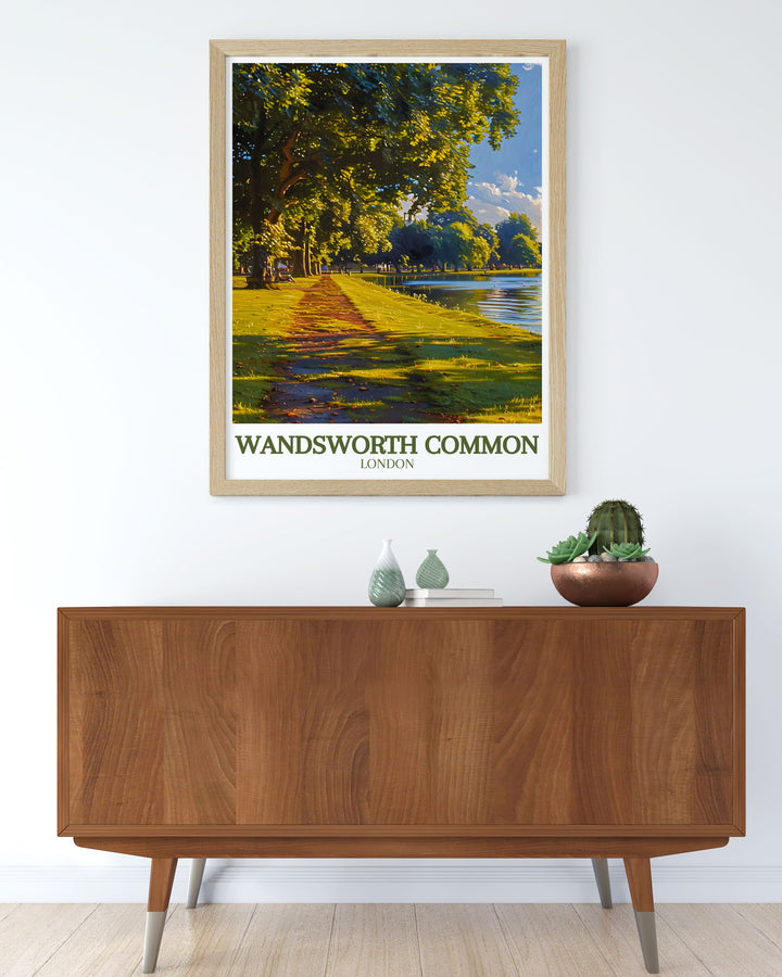 Experience the charm of Wandsworth Common through this beautifully framed print. Featuring iconic spots like the Wandsworth Windmill and Wandsworth Pond, this poster is perfect for adding a touch of South London's serenity to your space.