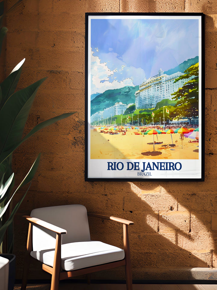 Rio travel poster capturing the lively atmosphere and breathtaking landscapes of Brazils cultural capital. Perfect for those who dream of visiting or reliving their memories of Rio.