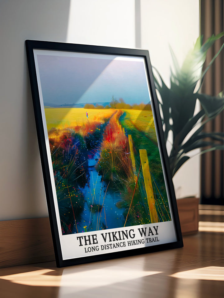 Scenic travel poster of The Viking Way Long Distance Hiking Trail in Lincolnshire. This artwork captures the vibrant colors and intricate details of South of Tealby, making it an ideal gift for friends and family. Perfect for birthdays, anniversaries, or holidays, celebrating the beauty of Lincolnshire.