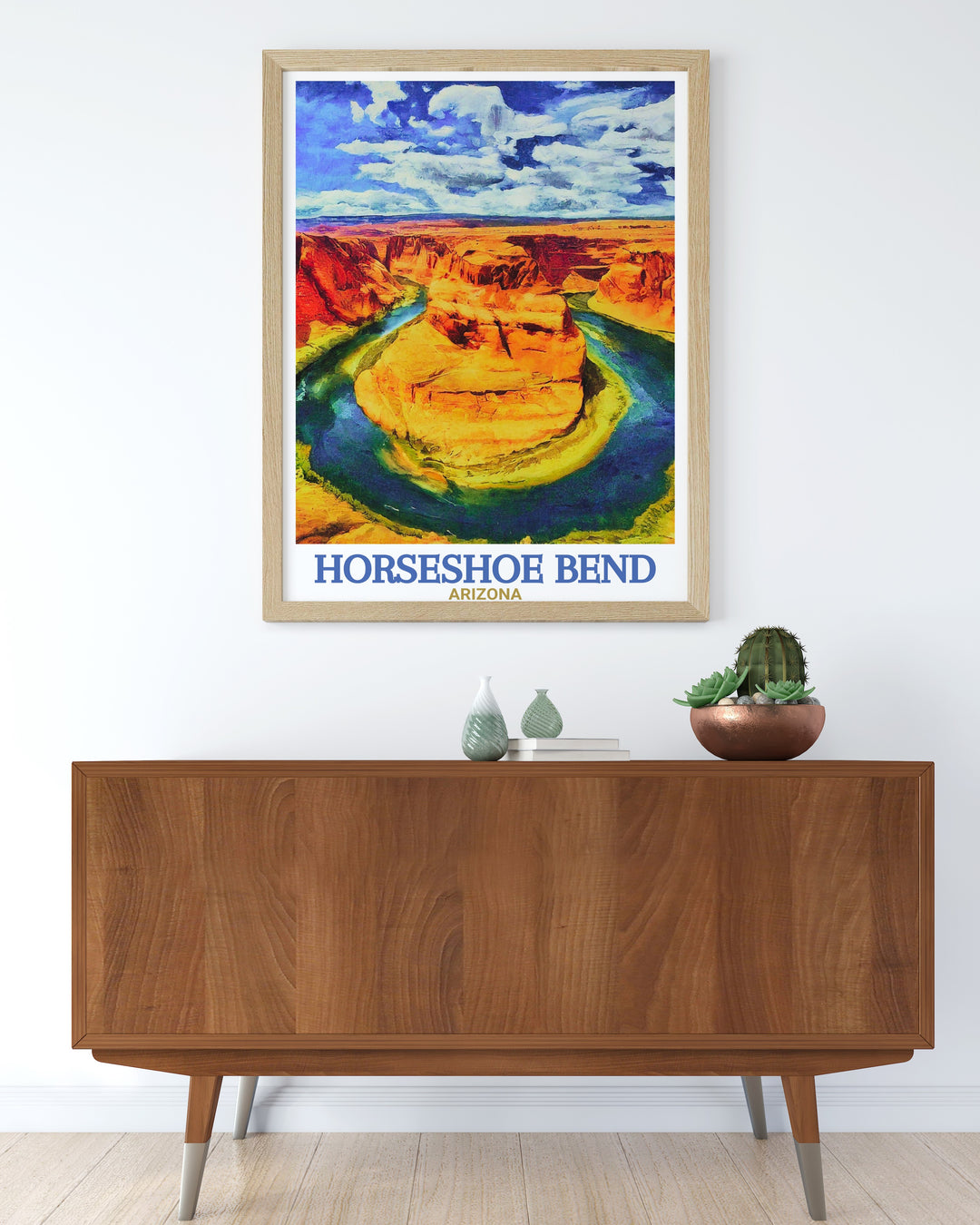 A must have for travel lovers, this Horseshoe Bend travel poster highlights the beauty of Arizonas desert landscape and the famous U shaped curve of the Colorado River.