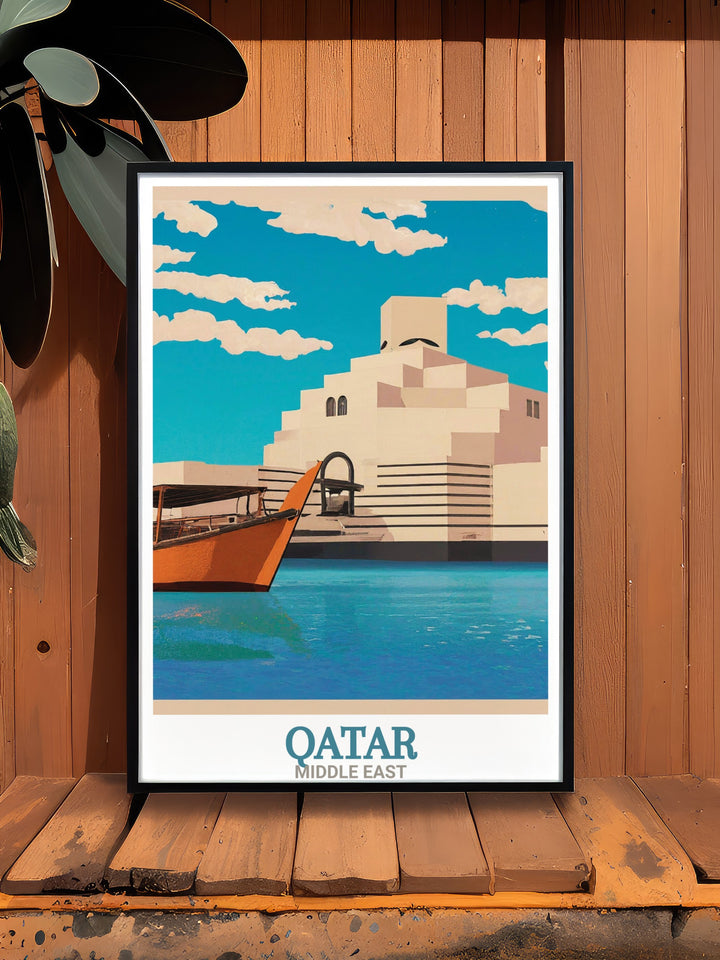 Qatars Museum of Islamic Art travel poster print showcasing its architectural beauty. This elegant artwork highlights the modern geometric design of the museum, making it a perfect piece for those who admire Middle Eastern architecture and cultural landmarks.