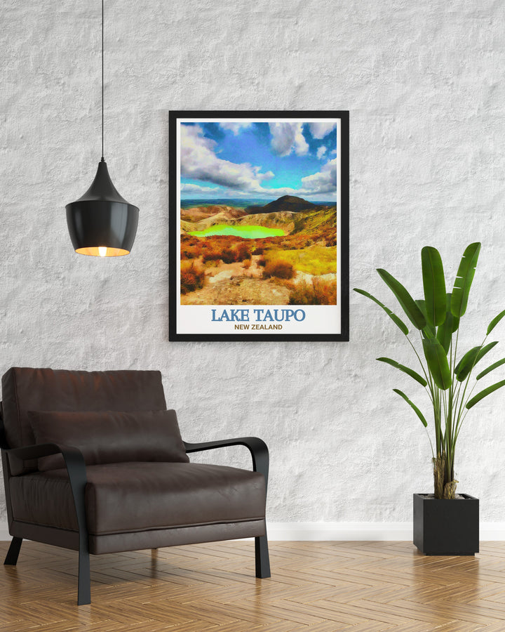 Lake Taupo Vintage Poster reflecting the timeless allure of New Zealands cherished landmarks, with a classic design that evokes nostalgia and adventure. This poster showcases the tranquil expanse of Lake Taupo alongside the dynamic landscapes of Tongariro National Park, enhancing your decor with historical charm.