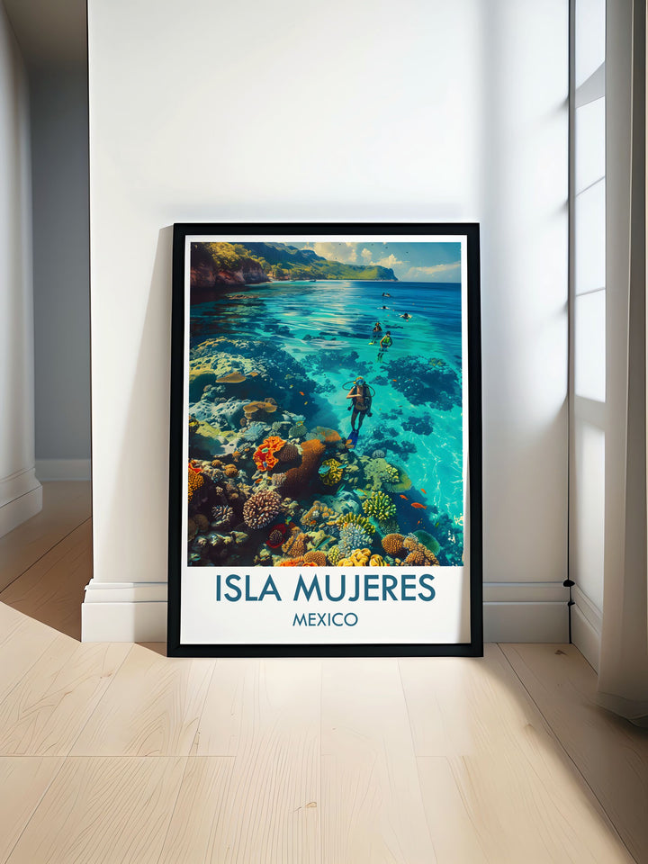 Framed art featuring the captivating beauty of Isla Mujeres, including its vibrant marine life and lush landscapes, bringing the essence of a tropical paradise into your home.