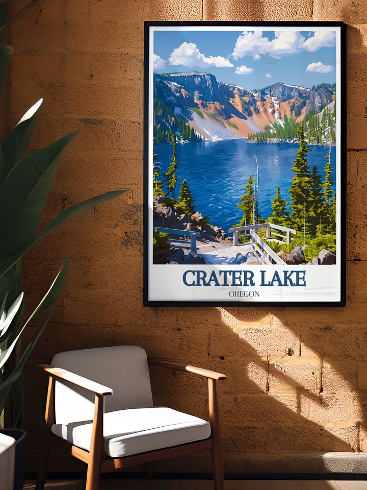 Illustrated with a retro style, this travel print brings the stunning landscapes of Crater Lake and Wizard Island to life, ideal for enhancing any room with the beauty of Crater Lake National Park.