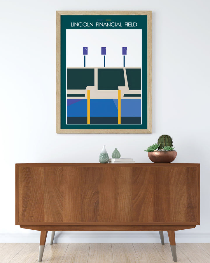 Minimalist Lincoln Financial Field sports art capturing the iconic home of the Philadelphia Eagles. Perfect for sports themed bedrooms offices and as a football poster for fans. This elegant print adds style and passion to any living space.