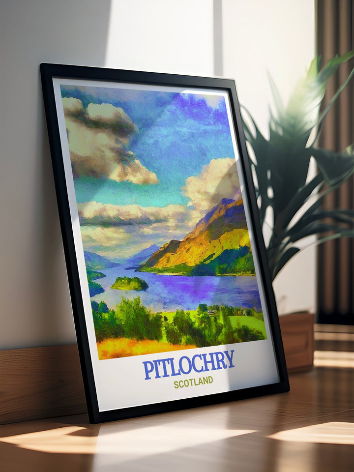 Scotland canvas art highlighting the picturesque landscapes of Pitlochry and Queens View, bringing the majestic beauty of the Scottish Highlands into your living space. This travel poster is a perfect choice for adding a touch of Scotlands natural charm to your décor.